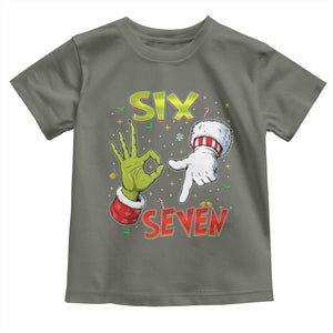 Funny Six Seven Christmas Toddler T Shirt 67 Meme Xmas Santa Elf Hand Gen Alpha TS11 Military Green Print Your Wear