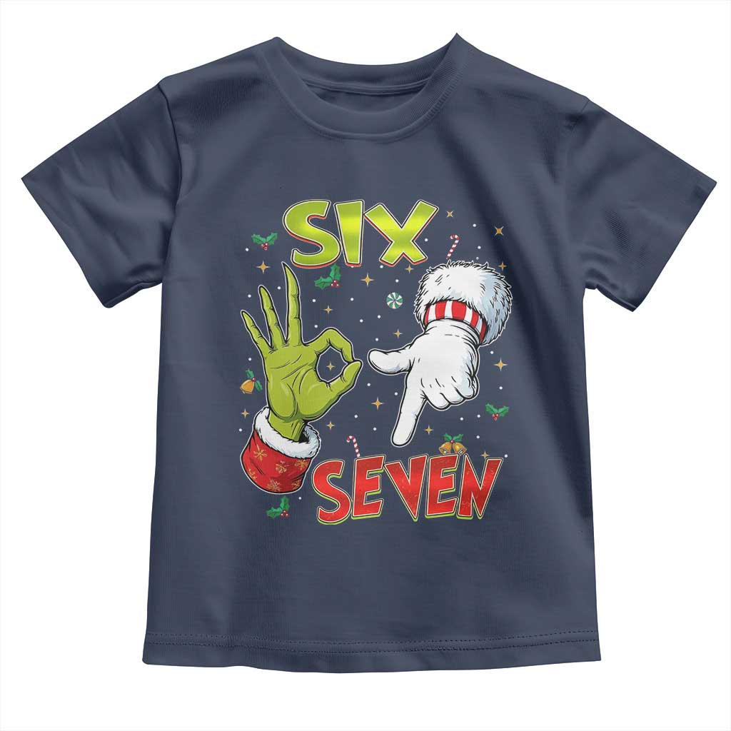 Funny Six Seven Christmas Toddler T Shirt 67 Meme Xmas Santa Elf Hand Gen Alpha TS11 Navy Print Your Wear