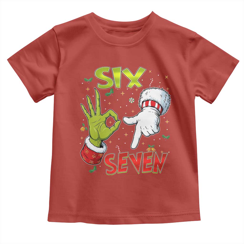 Funny Six Seven Christmas Toddler T Shirt 67 Meme Xmas Santa Elf Hand Gen Alpha TS11 Red Print Your Wear