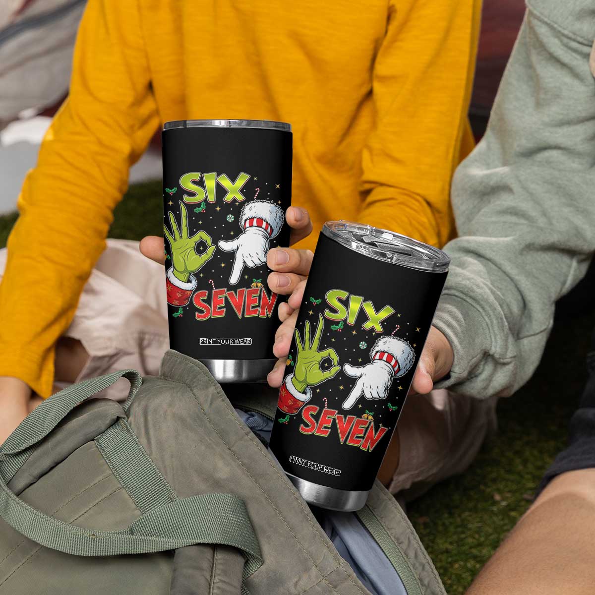 Funny Six Seven Christmas Tumbler Cup 67 Meme Xmas Santa Elf Hand Gen Alpha TS11 Print Your Wear