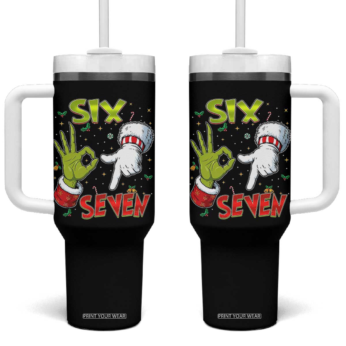 Funny Six Seven Christmas Tumbler With Handle 67 Meme Xmas Santa Elf Hand Gen Alpha TS11 One Size: 40 oz Black Print Your Wear