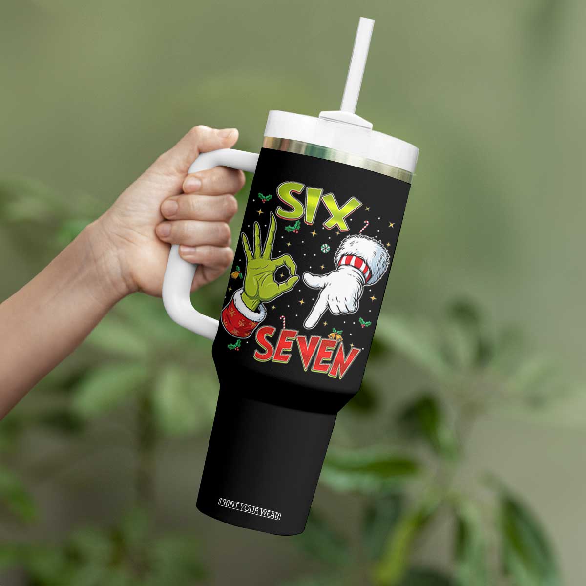 Funny Six Seven Christmas Tumbler With Handle 67 Meme Xmas Santa Elf Hand Gen Alpha TS11 Print Your Wear