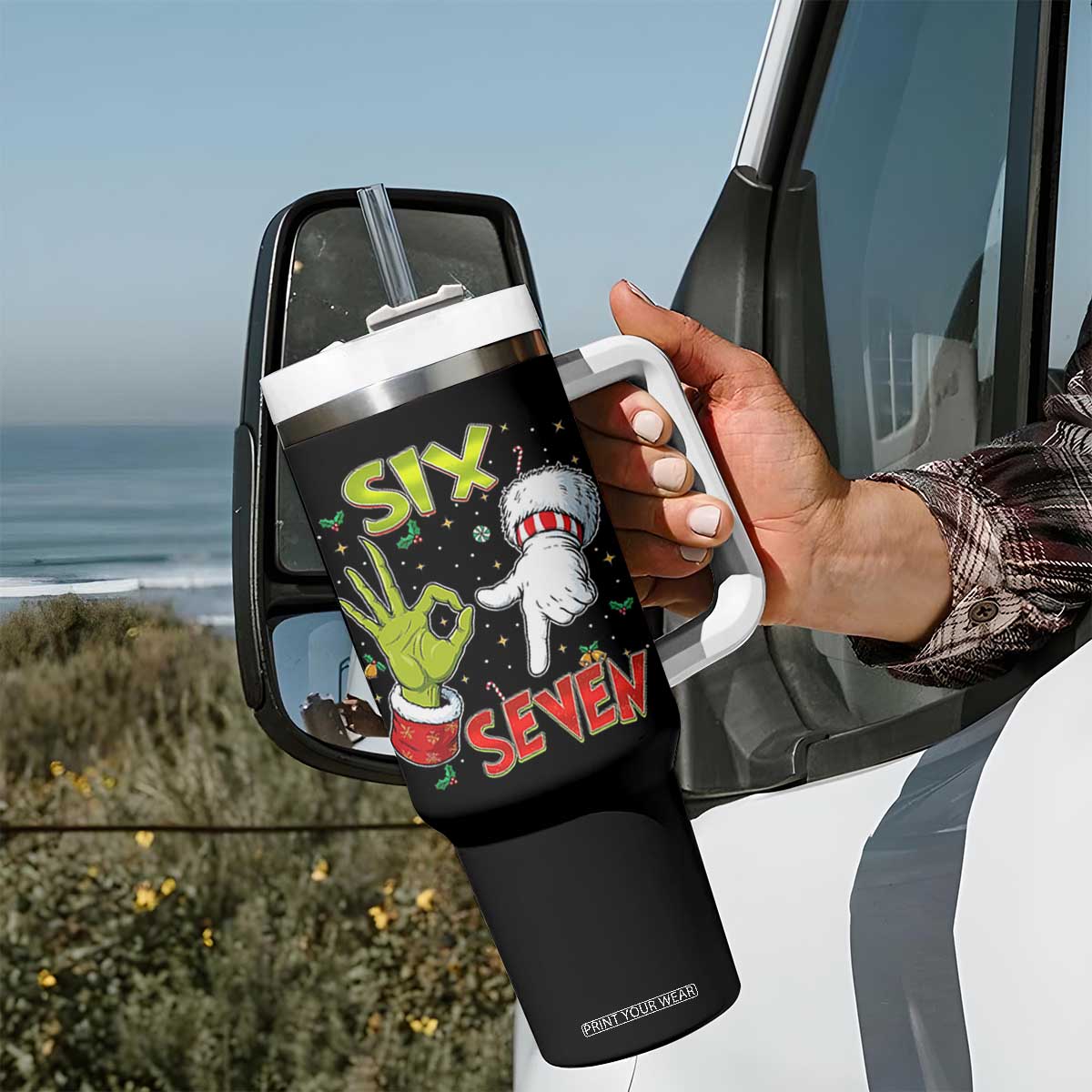 Funny Six Seven Christmas Tumbler With Handle 67 Meme Xmas Santa Elf Hand Gen Alpha TS11 Print Your Wear