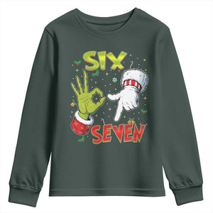 Funny Six Seven Christmas Youth Sweatshirt 67 Meme Xmas Santa Elf Hand Gen Alpha TS11 Dark Forest Green Print Your Wear