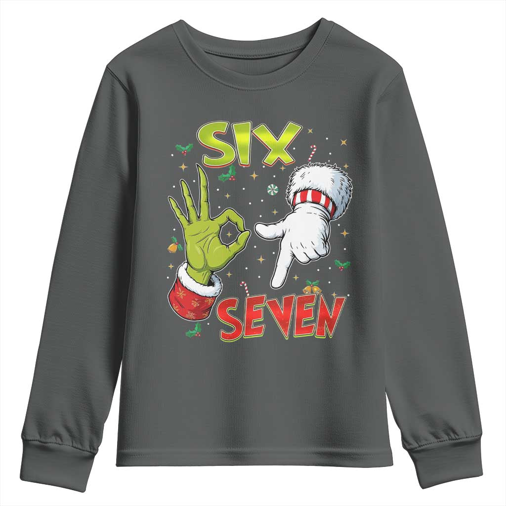Funny Six Seven Christmas Youth Sweatshirt 67 Meme Xmas Santa Elf Hand Gen Alpha TS11 Dark Heather Print Your Wear