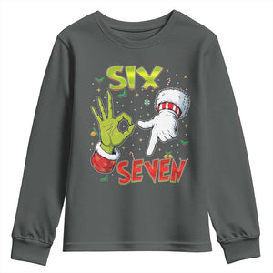 Funny Six Seven Christmas Youth Sweatshirt 67 Meme Xmas Santa Elf Hand Gen Alpha TS11 Dark Heather Print Your Wear