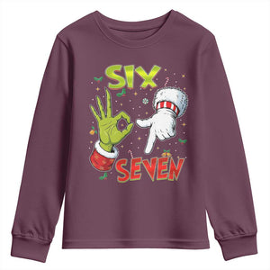 Funny Six Seven Christmas Youth Sweatshirt 67 Meme Xmas Santa Elf Hand Gen Alpha TS11 Maroon Print Your Wear