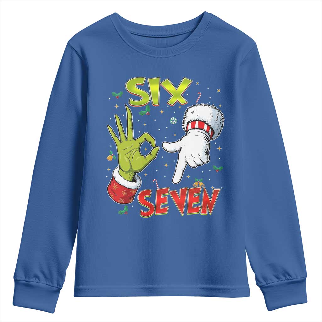 Funny Six Seven Christmas Youth Sweatshirt 67 Meme Xmas Santa Elf Hand Gen Alpha TS11 Royal Blue Print Your Wear