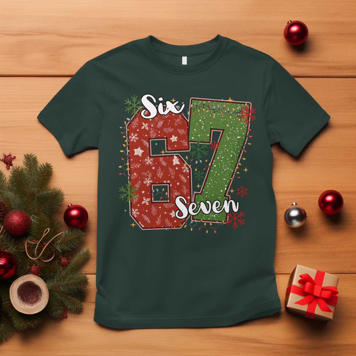 67 Christmas T Shirt Funny Six Seven Meme Gen Alpha Slang Snowflake TS11 Dark Forest Green Print Your Wear