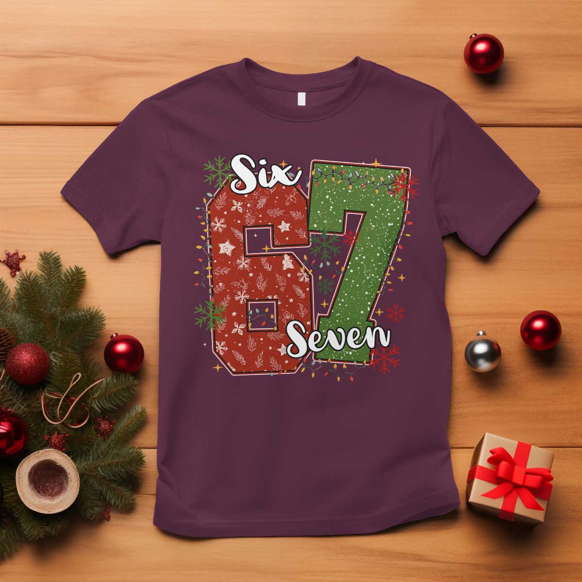 67 Christmas T Shirt Funny Six Seven Meme Gen Alpha Slang Snowflake TS11 Maroon Print Your Wear