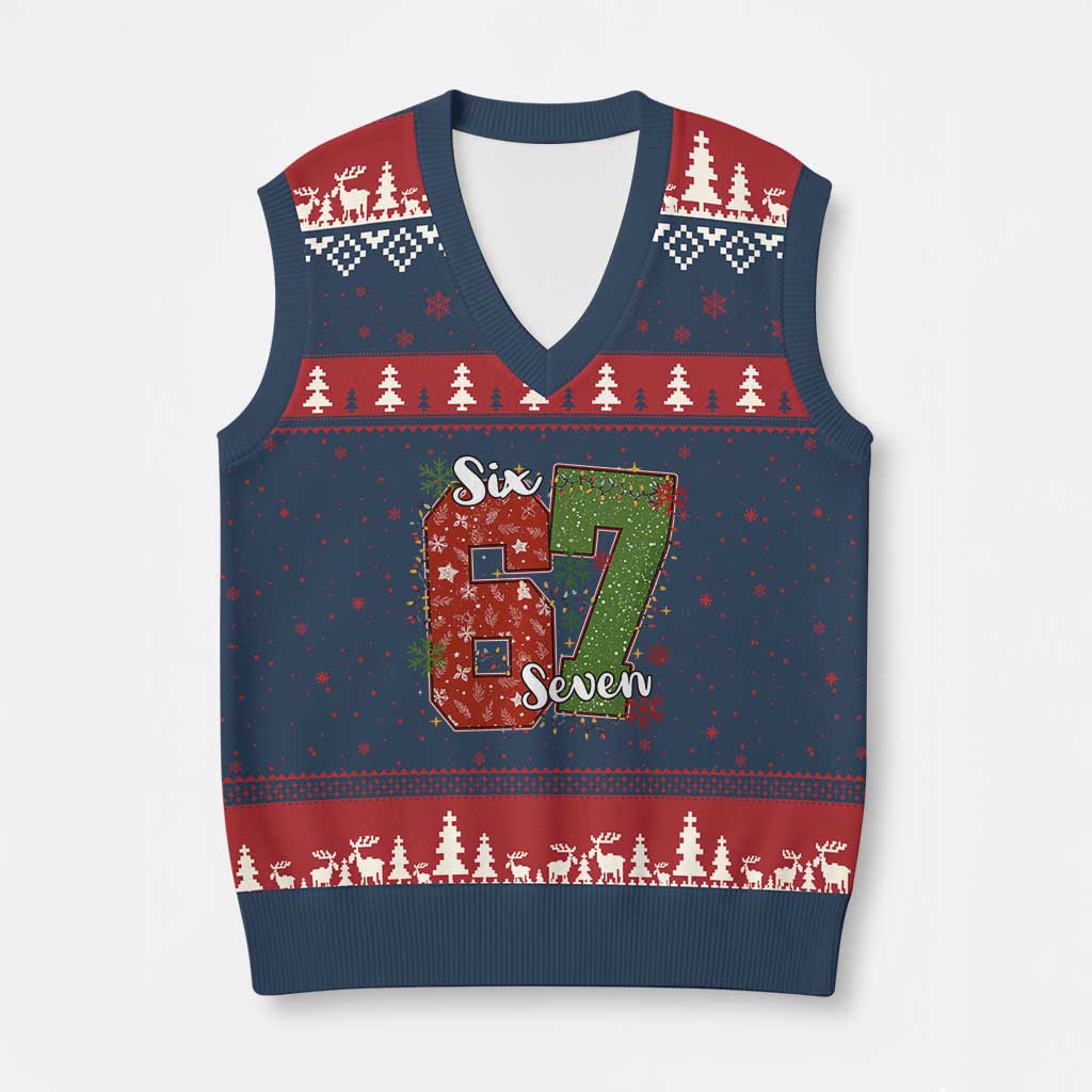 67 Xmas V-Neck Knit Sweater Vest Funny Six Seven Meme Gen Alpha Slang Snowflake TS11 Navy Red Print Your Wear