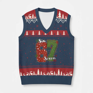67 Xmas V-Neck Knit Sweater Vest Funny Six Seven Meme Gen Alpha Slang Snowflake TS11 Navy Red Print Your Wear