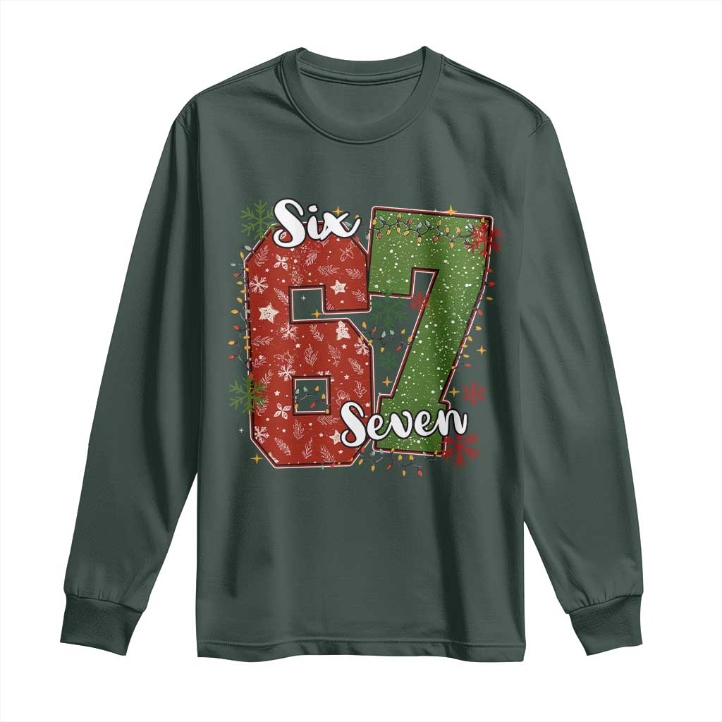 67 Christmas Long Sleeve Shirt Funny Six Seven Meme Gen Alpha Slang Snowflake TS11 Dark Forest Green Print Your Wear
