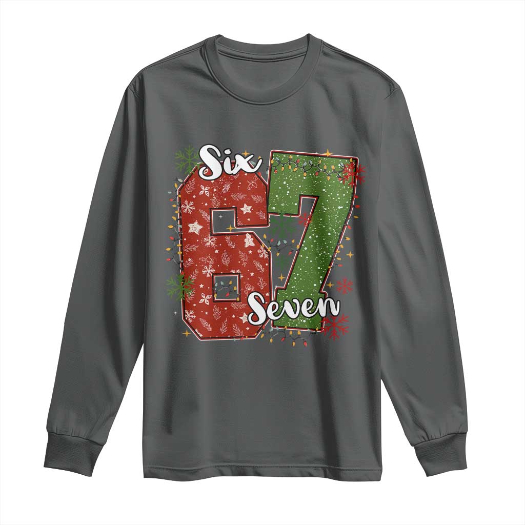 67 Christmas Long Sleeve Shirt Funny Six Seven Meme Gen Alpha Slang Snowflake TS11 Dark Heather Print Your Wear