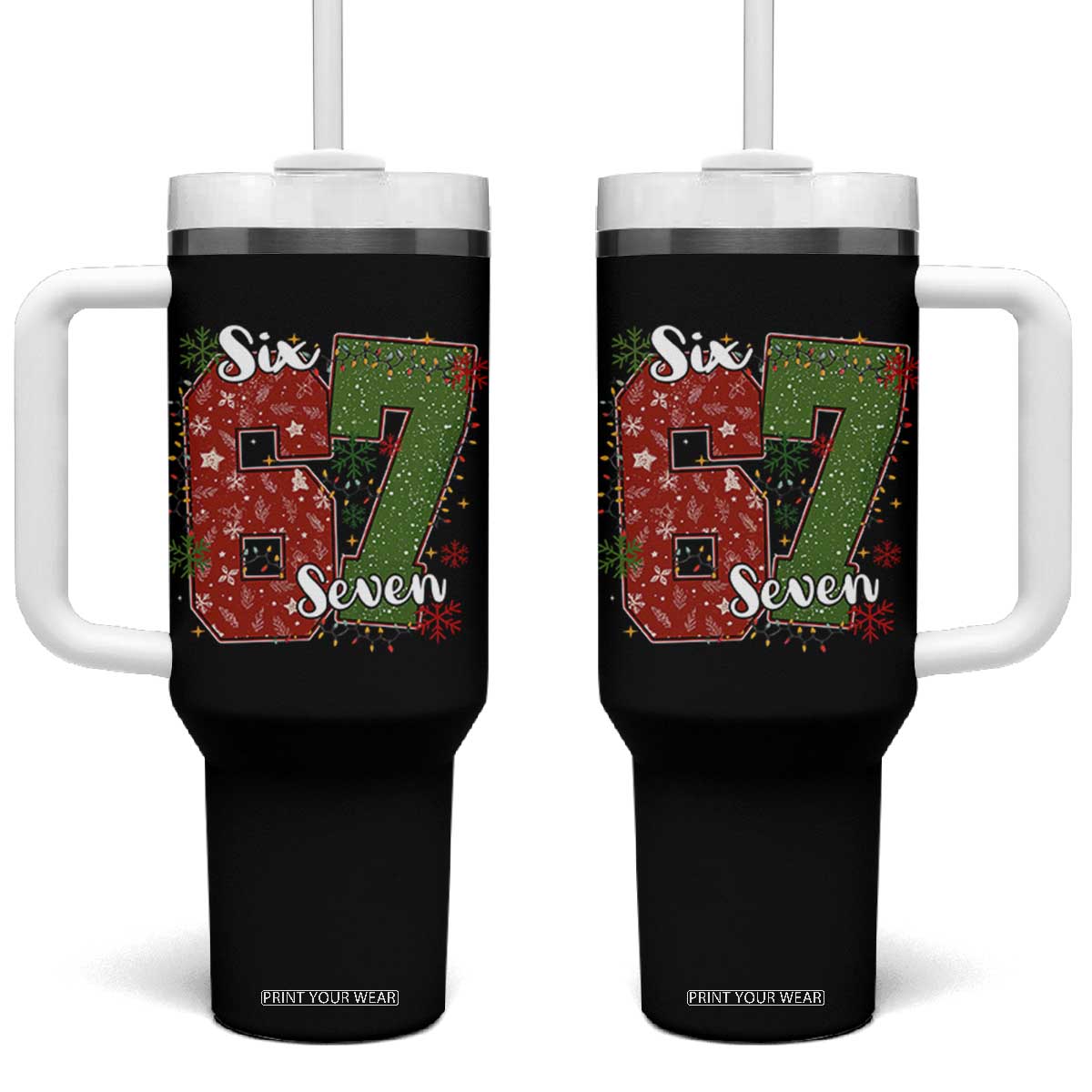67 Christmas Tumbler With Handle Funny Six Seven Meme Gen Alpha Slang Snowflake TS11 One Size: 40 oz Black Print Your Wear