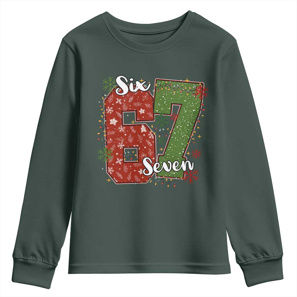67 Christmas Youth Sweatshirt Funny Six Seven Meme Gen Alpha Slang Snowflake TS11 Dark Forest Green Print Your Wear