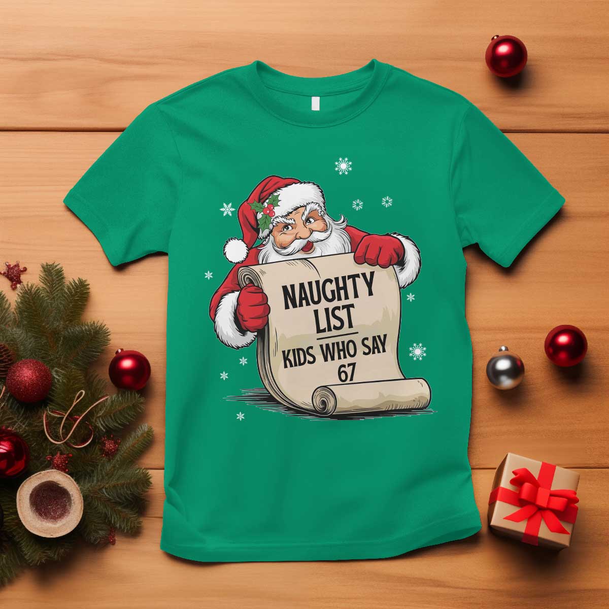 Funny 67 Christmas T Shirt Naughty List Kids Who Say Six Seven Santa TS11 Irish Green Print Your Wear