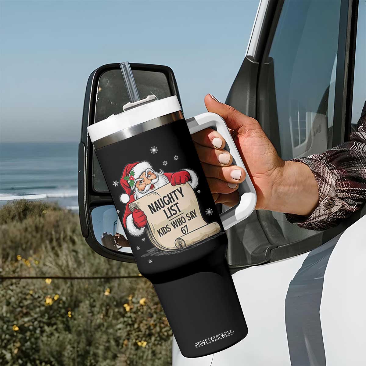 Funny 67 Christmas Tumbler With Handle Naughty List Kids Who Say Six Seven Santa TS11 Print Your Wear