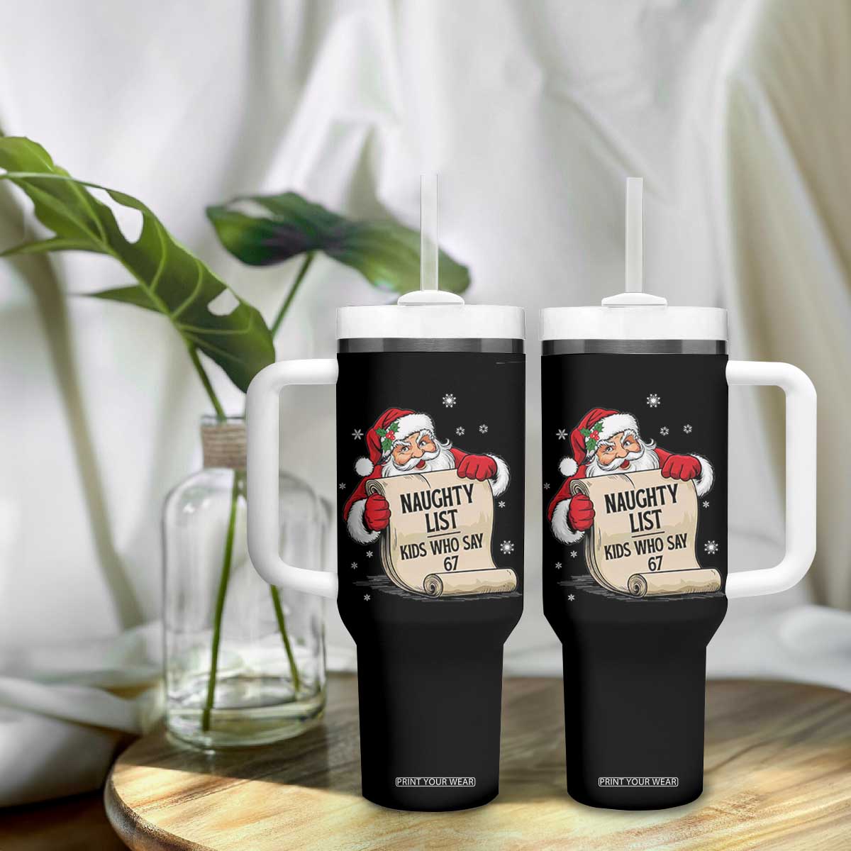 Funny 67 Christmas Tumbler With Handle Naughty List Kids Who Say Six Seven Santa TS11 Print Your Wear