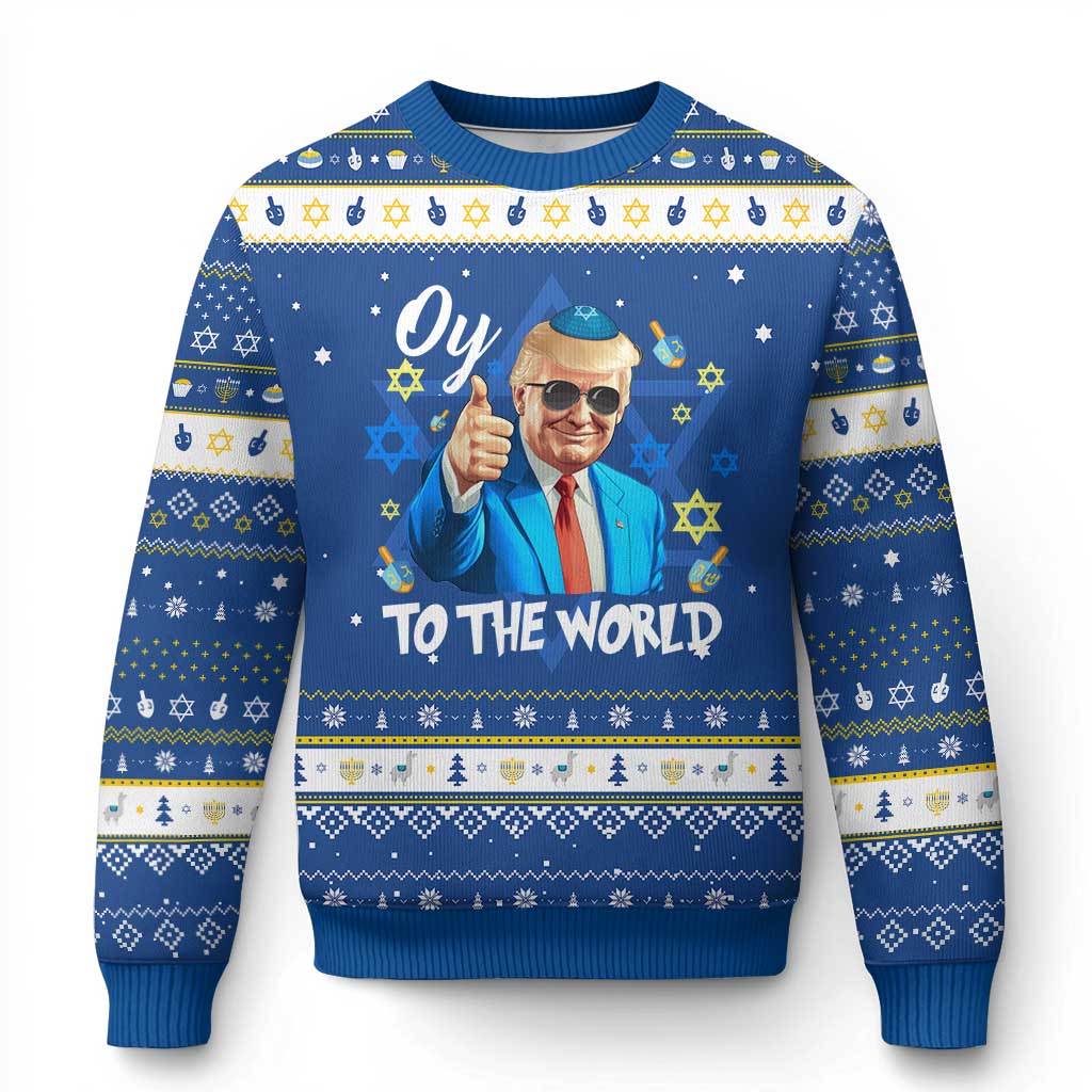 Funny Oy To The World Trump Hanukkah Ugly Sweater Chanukah Jewish Trump David Stars TS11 Blue White Print Your Wear