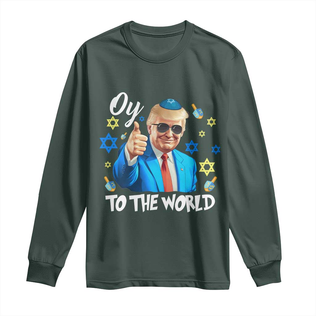 Funny Oy To The World Hanukkah Trump Long Sleeve Shirt Chanukah Jewish Trump David Stars TS11 Dark Forest Green Print Your Wear