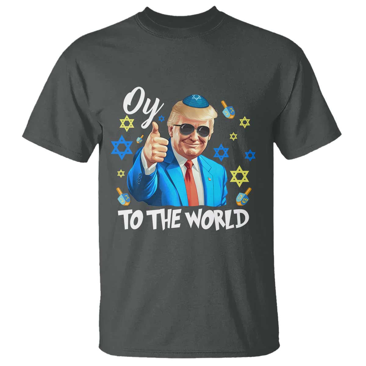 Funny Oy To The World Hanukkah Trump T Shirt Chanukah Jewish Trump David Stars TS11 Dark Heather Print Your Wear