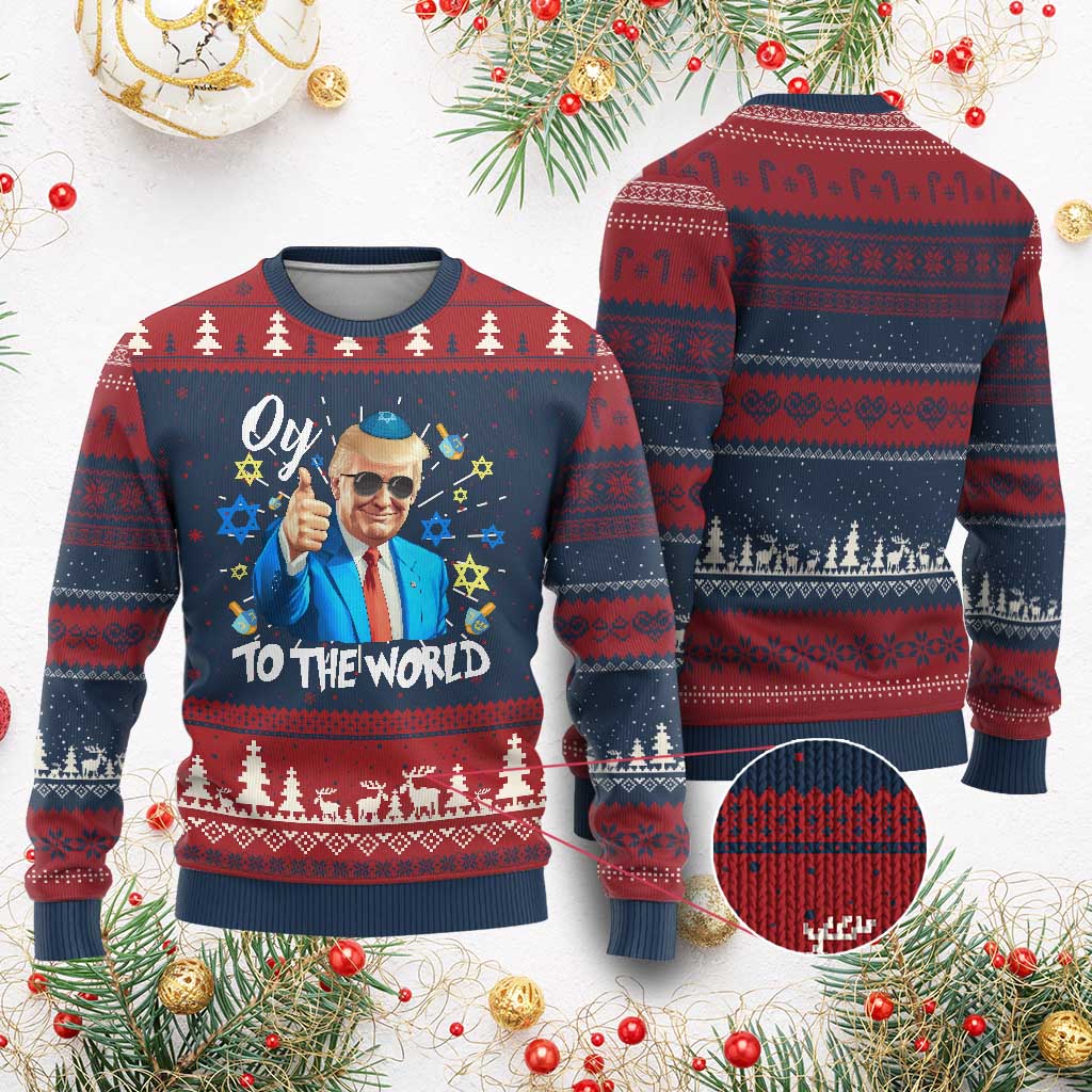 Funny Oy To The World Hanukkah Trump Ugly Christmas Sweater Chanukah Jewish Trump David Stars TS11 Burgundy Print Your Wear
