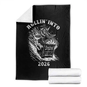 Funny Cowboy Raccoon Rollin Into 2026 Throw Blanket New Year Dumpster Fire 2026 Rodeo TS11 Black Print Your Wear