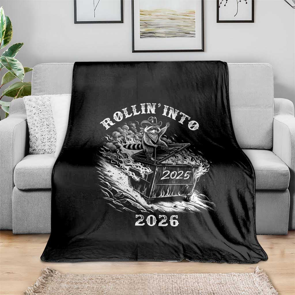 Funny Cowboy Raccoon Rollin Into 2026 Throw Blanket New Year Dumpster Fire 2026 Rodeo TS11 Print Your Wear