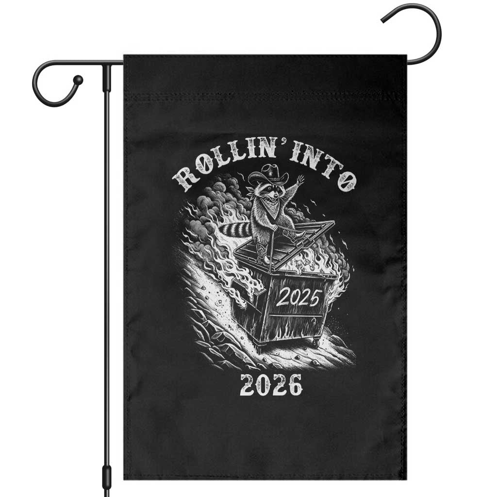 Funny Cowboy Raccoon Rollin Into 2026 Garden Flag New Year Dumpster Fire 2026 Rodeo TS11 Black Print Your Wear