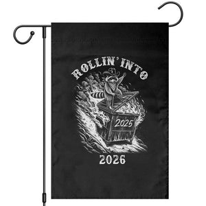 Funny Cowboy Raccoon Rollin Into 2026 Garden Flag New Year Dumpster Fire 2026 Rodeo TS11 Black Print Your Wear