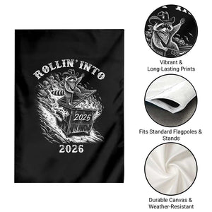 Funny Cowboy Raccoon Rollin Into 2026 Garden Flag New Year Dumpster Fire 2026 Rodeo TS11 Print Your Wear
