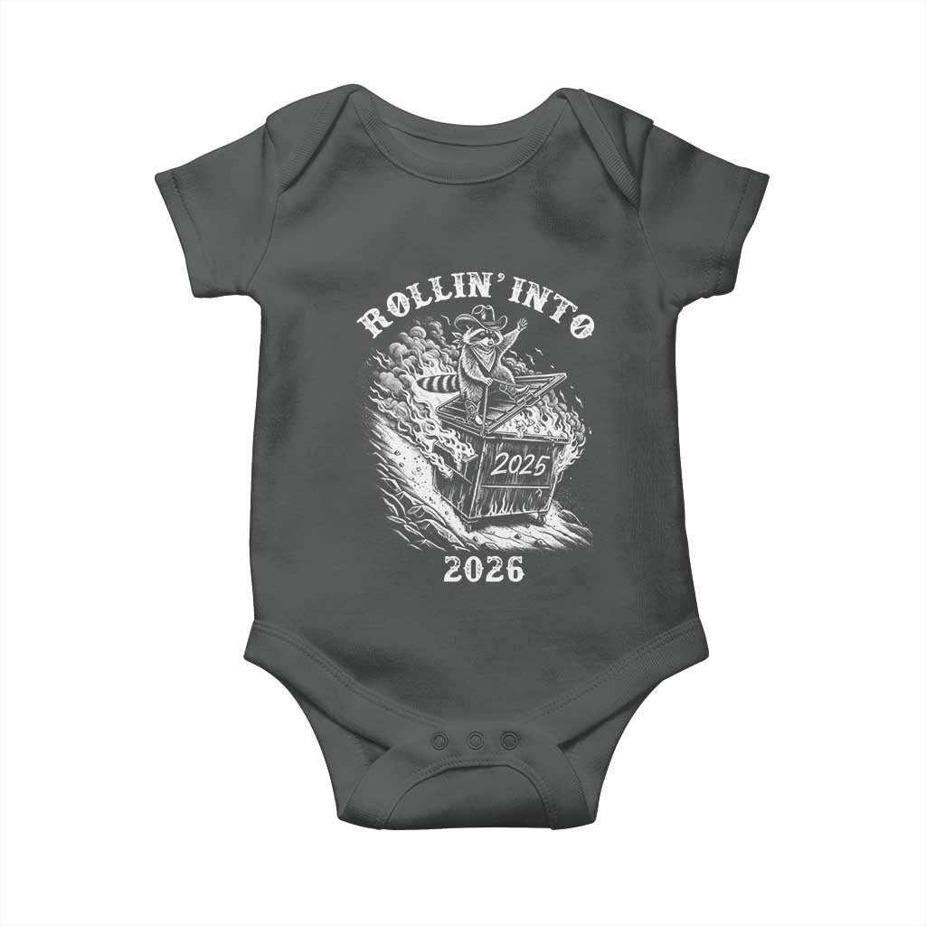 Funny Cowboy Raccoon Rollin Into 2026 Baby Onesie New Year Dumpster Fire 2026 Rodeo TS11 Dark Heather Print Your Wear