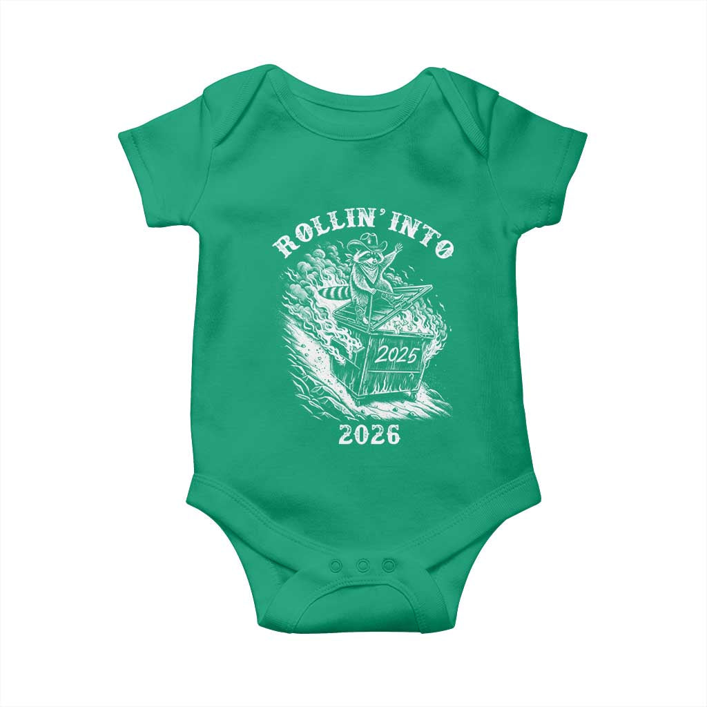 Funny Cowboy Raccoon Rollin Into 2026 Baby Onesie New Year Dumpster Fire 2026 Rodeo TS11 Irish Green Print Your Wear