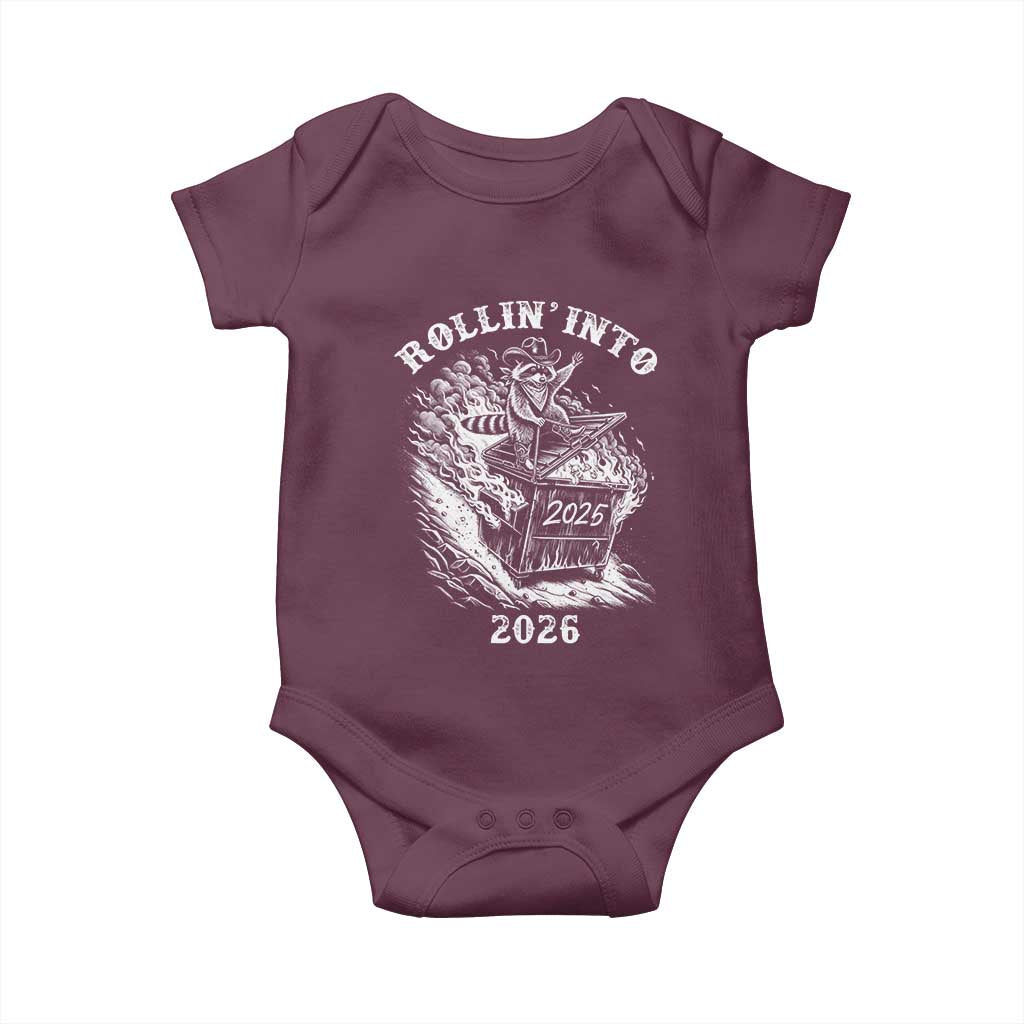 Funny Cowboy Raccoon Rollin Into 2026 Baby Onesie New Year Dumpster Fire 2026 Rodeo TS11 Maroon Print Your Wear