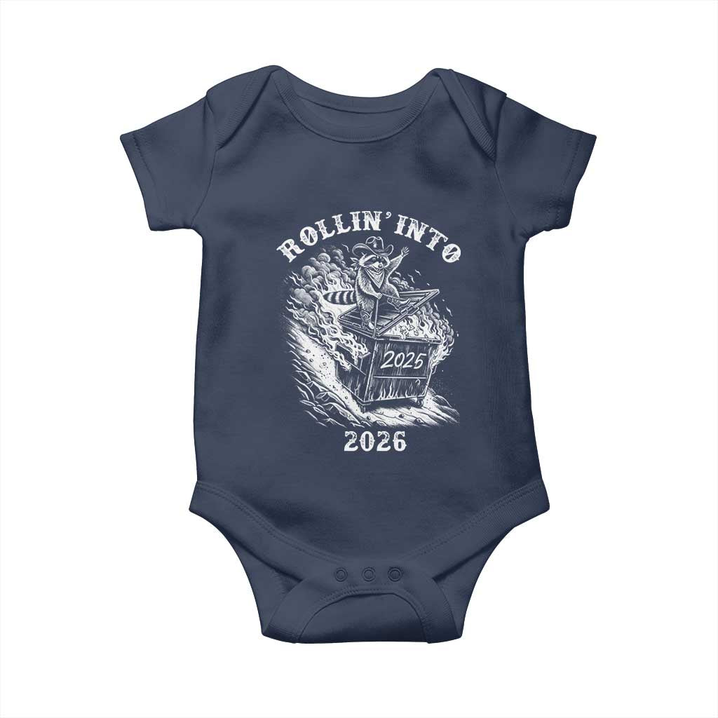 Funny Cowboy Raccoon Rollin Into 2026 Baby Onesie New Year Dumpster Fire 2026 Rodeo TS11 Navy Print Your Wear