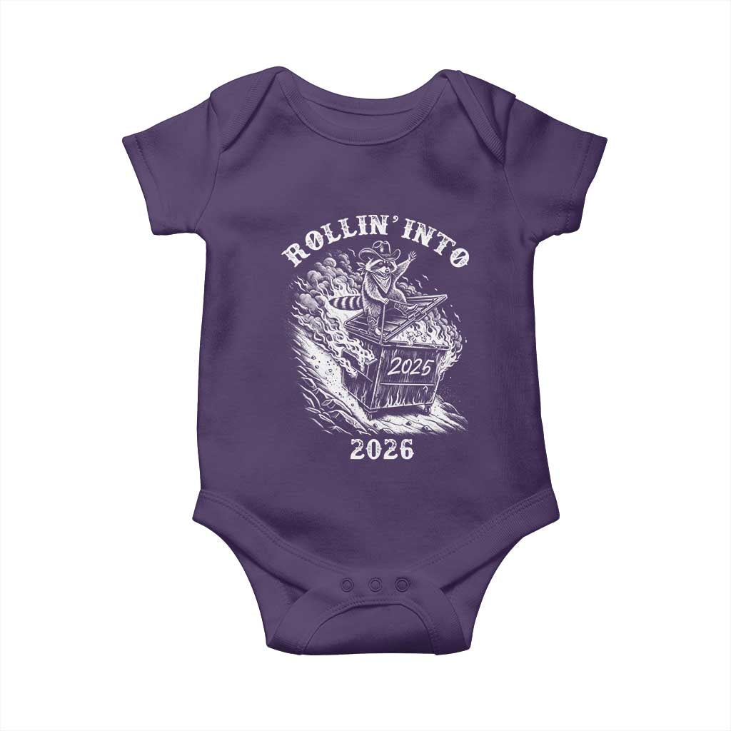 Funny Cowboy Raccoon Rollin Into 2026 Baby Onesie New Year Dumpster Fire 2026 Rodeo TS11 Purple Print Your Wear
