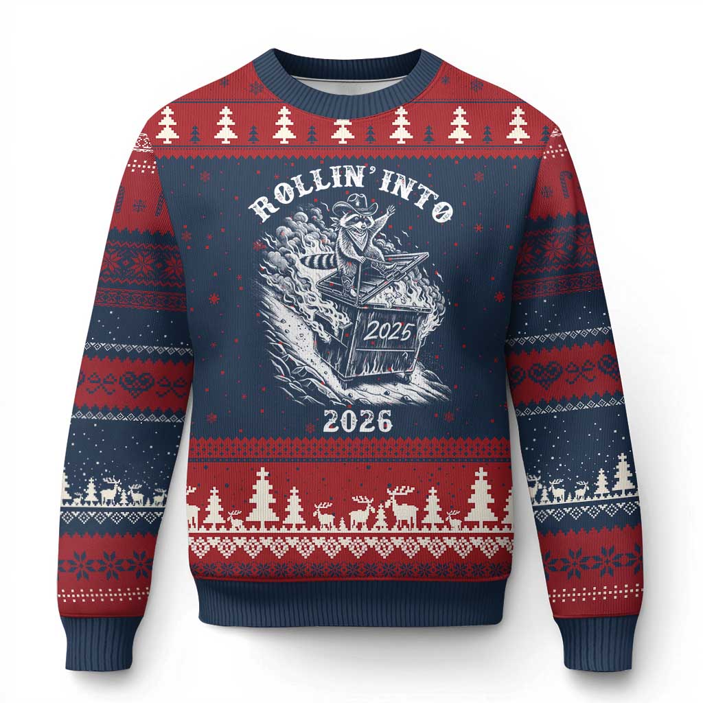Funny Cowboy Raccoon Rollin Into 2026 Ugly Christmas Sweater New Year Dumpster Fire 2026 Rodeo TS11 Navy Red Print Your Wear