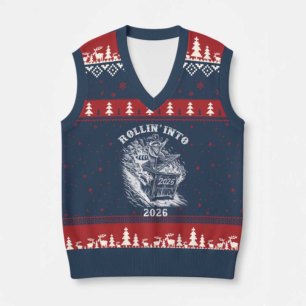 Funny Cowboy Raccoon Rollin Into 2026 V-Neck Knit Sweater Vest New Year Dumpster Fire 2026 Rodeo TS11 Navy Red Print Your Wear