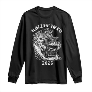 Funny Cowboy Raccoon Rollin Into 2026 Long Sleeve Shirt New Year Dumpster Fire 2026 Rodeo TS11 Black Print Your Wear