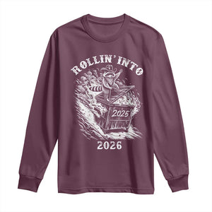 Funny Cowboy Raccoon Rollin Into 2026 Long Sleeve Shirt New Year Dumpster Fire 2026 Rodeo TS11 Maroon Print Your Wear