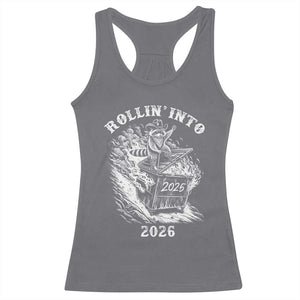 Funny Cowboy Raccoon Rollin Into 2026 Racerback Tank Top New Year Dumpster Fire 2026 Rodeo TS11 Charcoal Print Your Wear