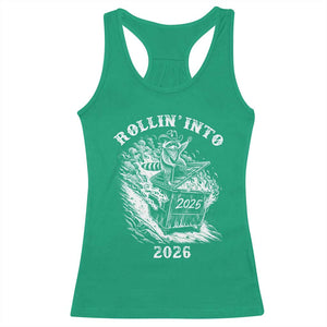 Funny Cowboy Raccoon Rollin Into 2026 Racerback Tank Top New Year Dumpster Fire 2026 Rodeo TS11 Irish Green Print Your Wear