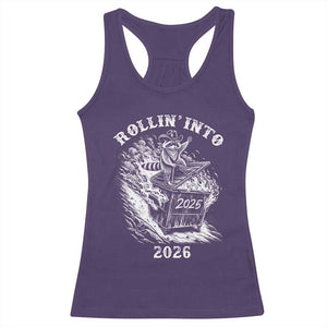 Funny Cowboy Raccoon Rollin Into 2026 Racerback Tank Top New Year Dumpster Fire 2026 Rodeo TS11 Purple Print Your Wear