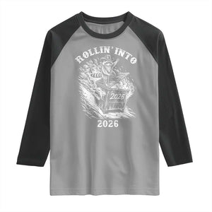 Funny Cowboy Raccoon Rollin Into 2026 Raglan Shirt New Year Dumpster Fire 2026 Rodeo TS11 Sport Gray Black Print Your Wear