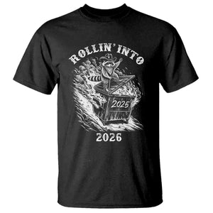 Funny Cowboy Raccoon Rollin Into 2026 T Shirt New Year Dumpster Fire 2026 Rodeo TS11 Black Print Your Wear