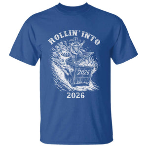 Funny Cowboy Raccoon Rollin Into 2026 T Shirt New Year Dumpster Fire 2026 Rodeo TS11 Royal Blue Print Your Wear