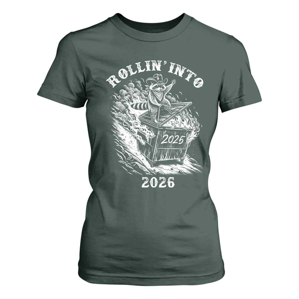 Funny Cowboy Raccoon Rollin Into 2026 T Shirt For Women New Year Dumpster Fire 2026 Rodeo TS11 Dark Forest Green Print Your Wear