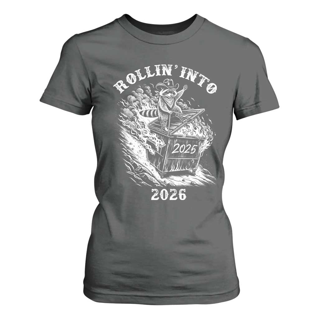 Funny Cowboy Raccoon Rollin Into 2026 T Shirt For Women New Year Dumpster Fire 2026 Rodeo TS11 Dark Heather Print Your Wear