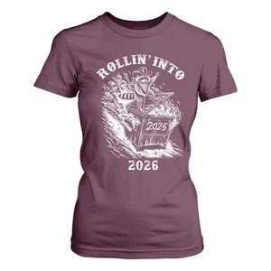 Funny Cowboy Raccoon Rollin Into 2026 T Shirt For Women New Year Dumpster Fire 2026 Rodeo TS11 Maroon Print Your Wear